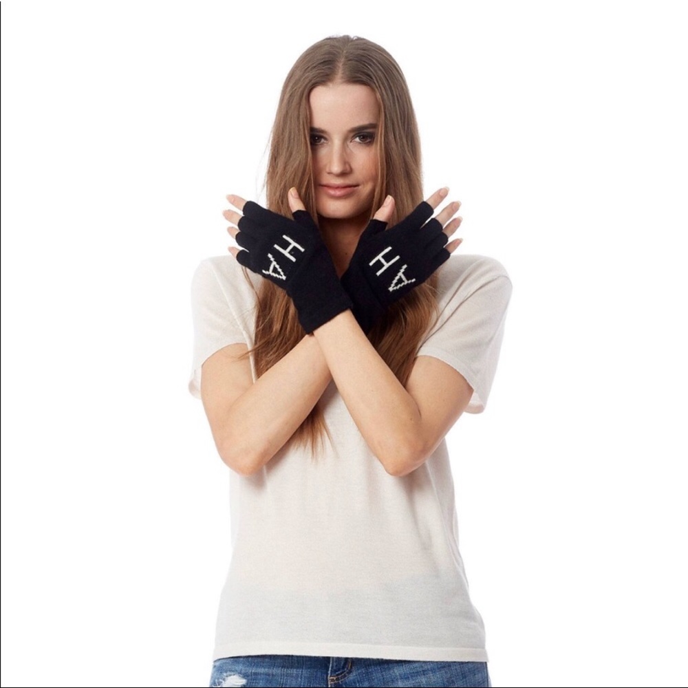 360 Cashmere fingerless gloves in Black with Ivory writing